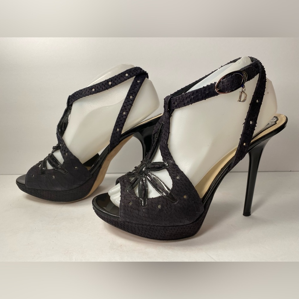 Christian Dior open toe snake embossed sandals heels black 39 - Picture 3 of 10